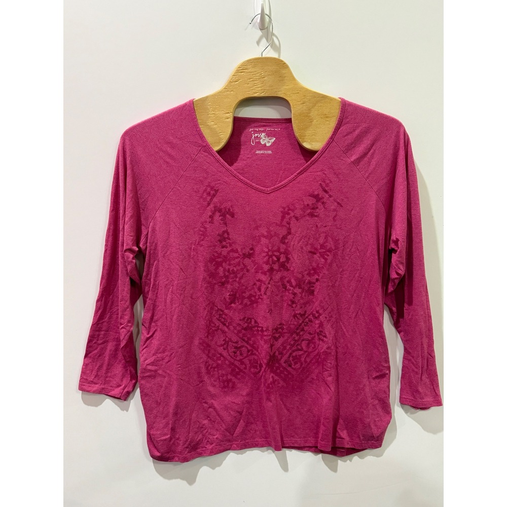 Just My Size V-Neck Top Womens 2X Pink Good Glitter Damask Ruched 3/4 Sleeve